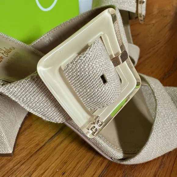 Sam Edelman Dalton Block Heel Sandal Sand Metallic Linen Square Toe Slide Size 7