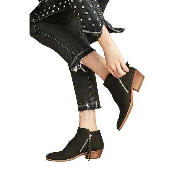 SAM EDELMAN Packer leather ankle boots zip side chunky heel booties black Sz 6.5