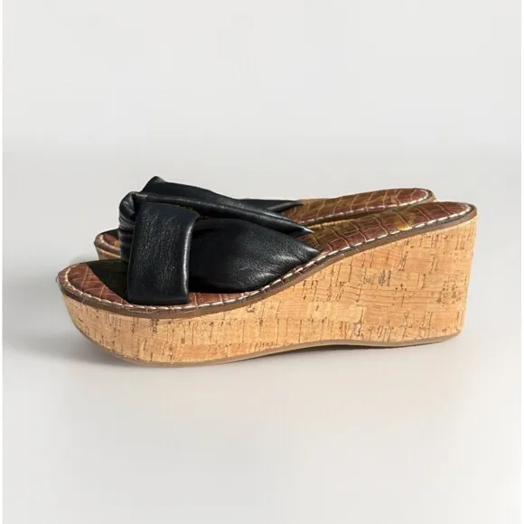 Sam Edelman Ramsey Black Sandals Womens Size 7.5 M Leather Upper Wedge Cork Heel