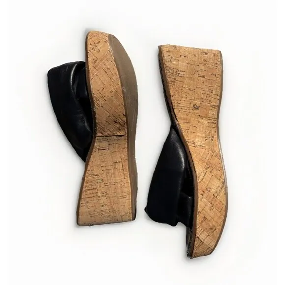 Sam Edelman Ramsey Black Sandals Womens Size 7.5 M Leather Upper Wedge Cork Heel