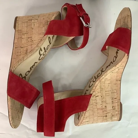 Sam Edelman Red Suede Leather WILLOW Wedge Open Toe Strap Sandals Shoes Sz M11