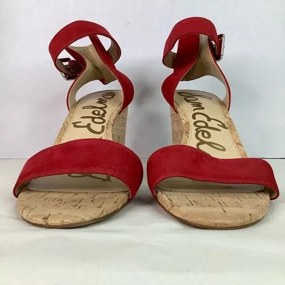 Sam Edelman Red Suede Leather WILLOW Wedge Open Toe Strap Sandals Shoes Sz M11