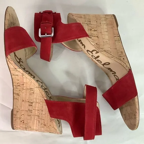 Sam Edelman Red Suede Leather WILLOW Wedge Open Toe Strap Sandals Shoes Sz M11