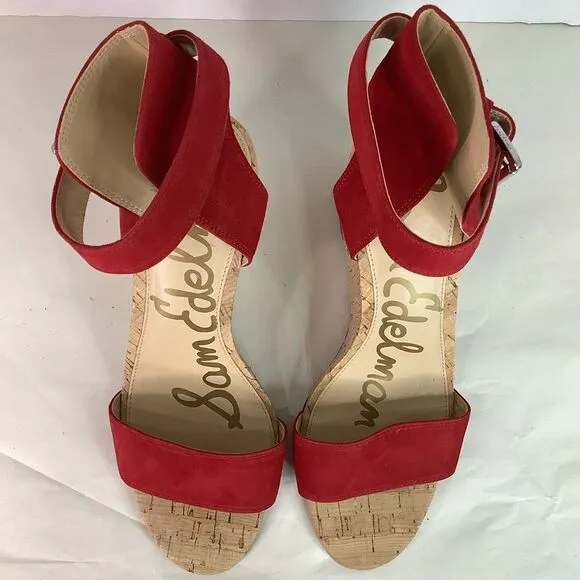 Sam Edelman Red Suede Leather WILLOW Wedge Open Toe Strap Sandals Shoes Sz M11