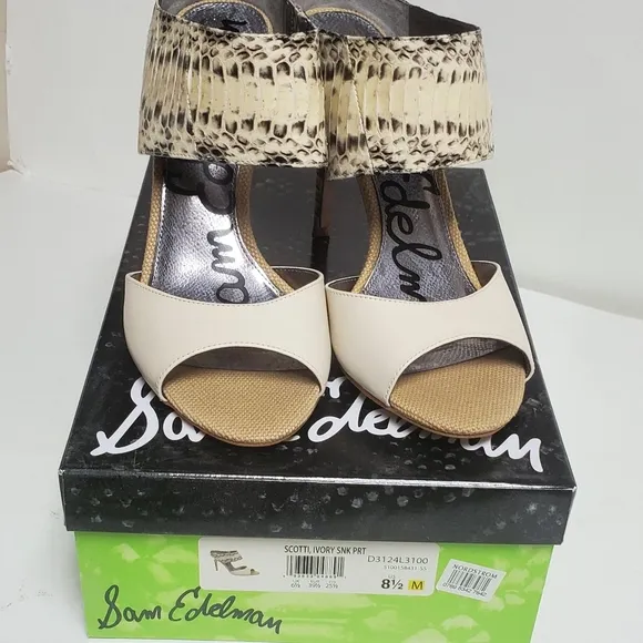 Sam Edelman Scotti Ivory Leather Snake Skin Sandals 8.5&quot;