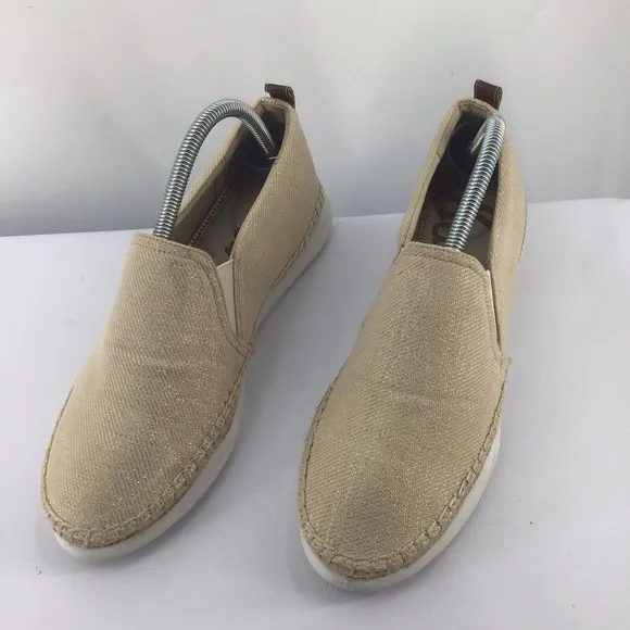 Sam Edelman SZ.10Kassie Rubber Sole Slip On Beige Glitter Canvas Stretch Loafers
