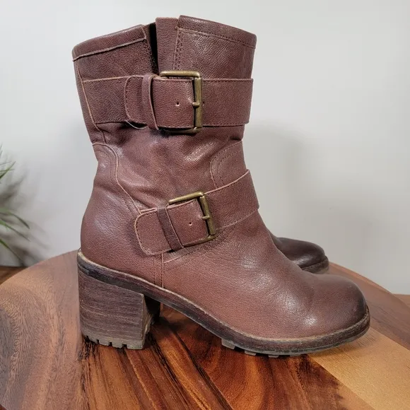 Sam Edelman Troy Brown Leather Moto Combat Boots size 9