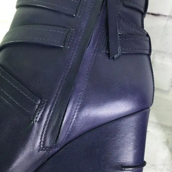 Sam Edelman Womens Leather Wedge Moto Boots Blue