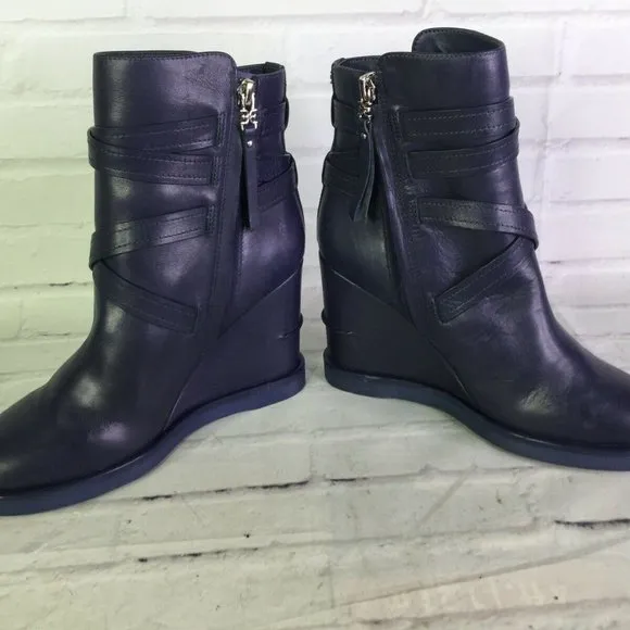 Sam Edelman Womens Leather Wedge Moto Boots Blue