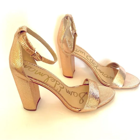 Sam Edelman Yaro Pink Gold Metallic Chunky Heel Sandals Size 8