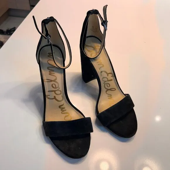 Sam Edelman YARO Velvet Embossed Chunky Stacked Heel Ankle Sandals Black Size 9