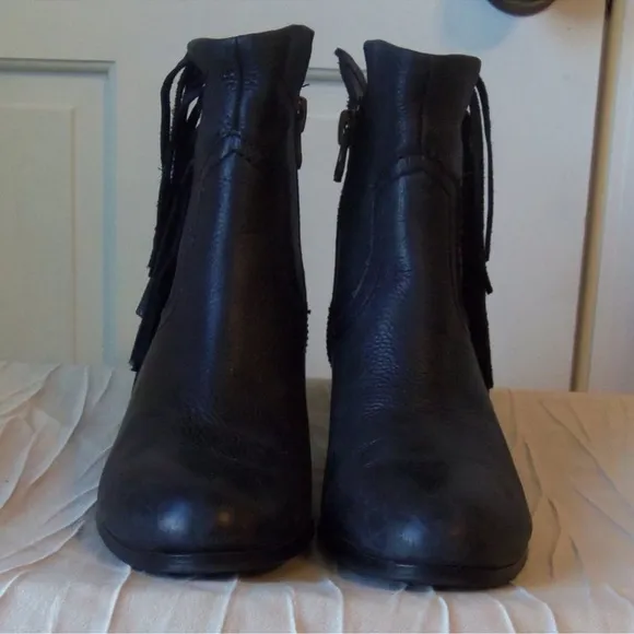 Sam Edelmann Louie Leather Fringed Heeled Ankle Boots Side Zip