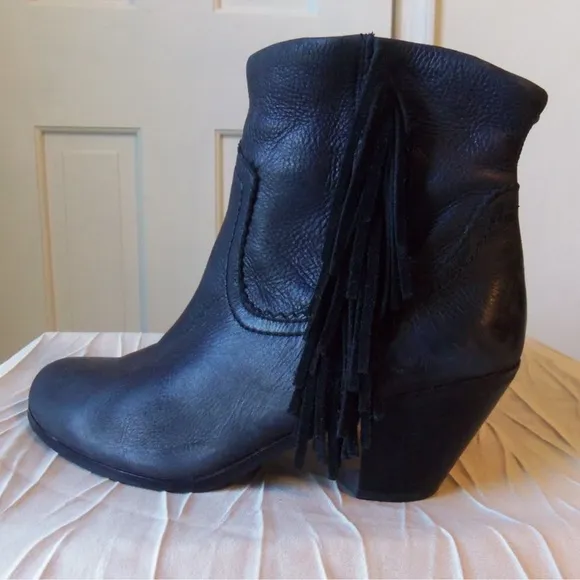 Sam Edelmann Louie Leather Fringed Heeled Ankle Boots Side Zip