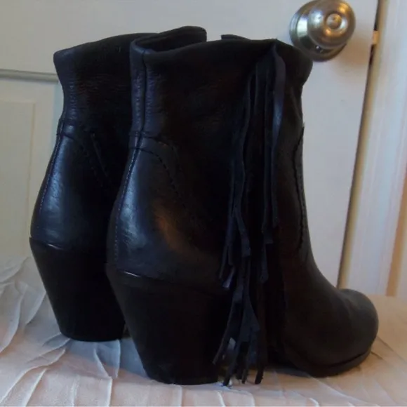 Sam Edelmann Louie Leather Fringed Heeled Ankle Boots Side Zip