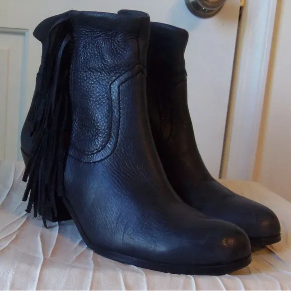 Sam Edelmann Louie Leather Fringed Heeled Ankle Boots Side Zip