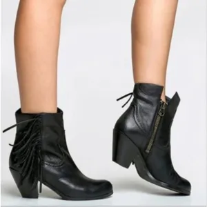 Sam Edelmann Louie Leather Fringed Heeled Ankle Boots Side Zip