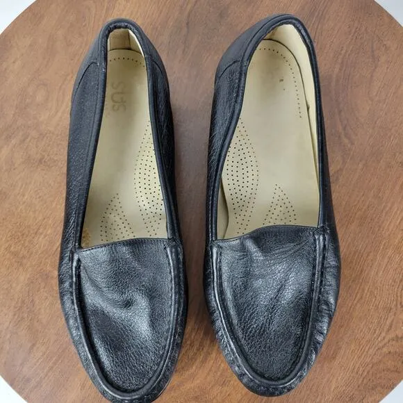 SAS Simplify Womens Shoes 9.5 Wide Black Leather Slip On Comfort Flat Loafer