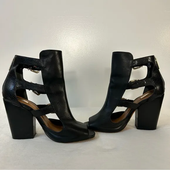 Schutz Celena Chunky Heel Buckle Black Leather Sandals Size 8.5
