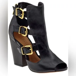 Schutz Celena Chunky Heel Buckle Black Leather Sandals Size 8.5