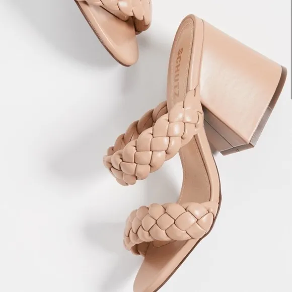 SCHUTZ Elida Braided Leather Chunky Block Heel Slide Sandals Honey Beige Size 8