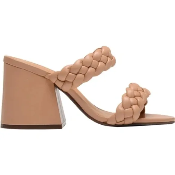 SCHUTZ Elida Braided Leather Chunky Block Heel Slide Sandals Honey Beige Size 8