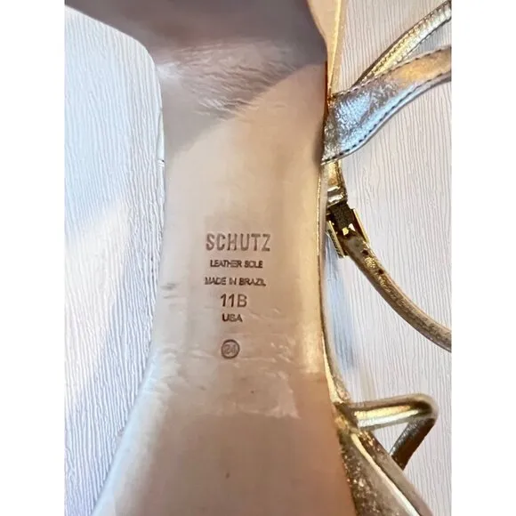Schutz Gold Chunky BUCKLE High Heel Sandals Womens Size 11B Leather Sole Strappy