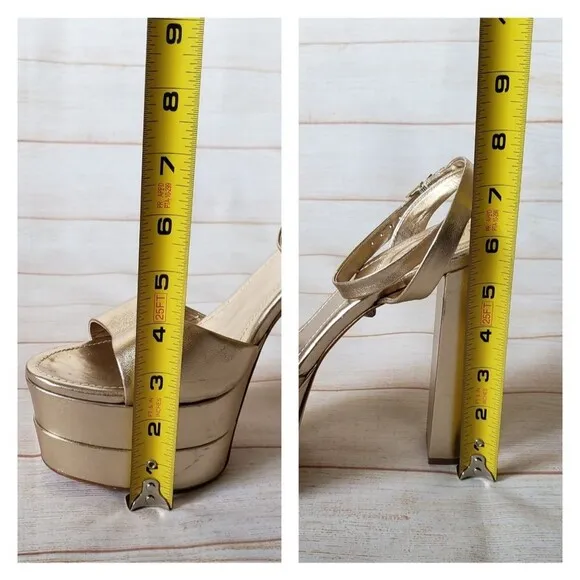Schutz Kaila Metallic Gold Leather Platform Heels Sandals Ankle Strap Size 10B