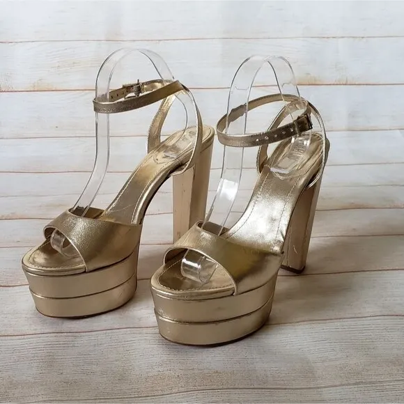 Schutz Kaila Metallic Gold Leather Platform Heels Sandals Ankle Strap Size 10B