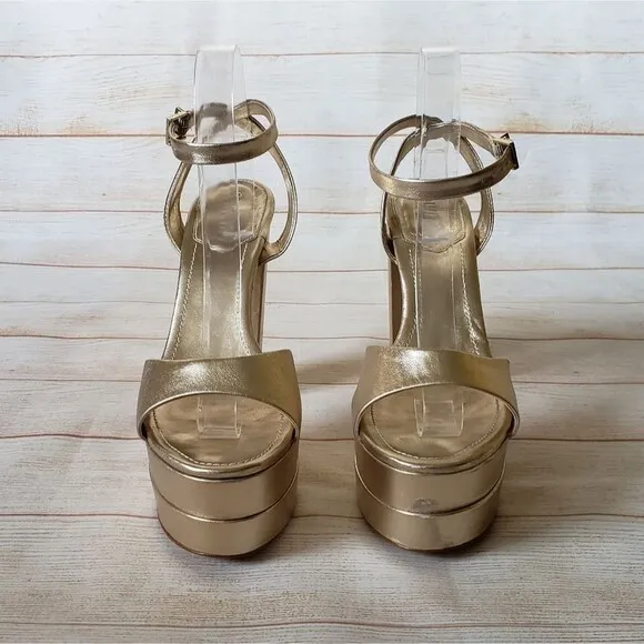 Schutz Kaila Metallic Gold Leather Platform Heels Sandals Ankle Strap Size 10B