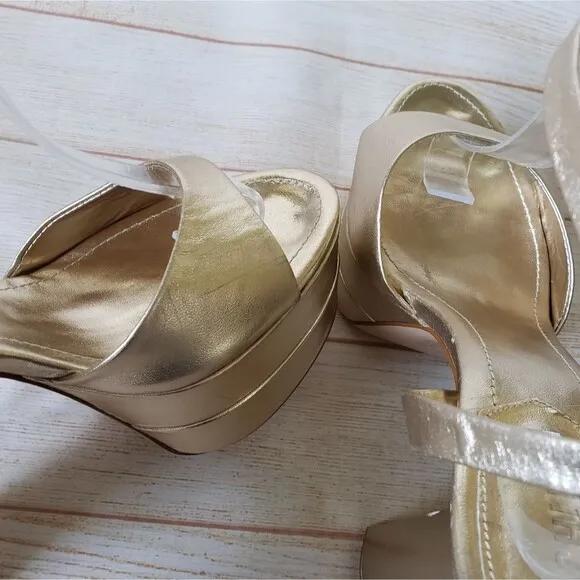 Schutz Kaila Metallic Gold Leather Platform Heels Sandals Ankle Strap Size 10B