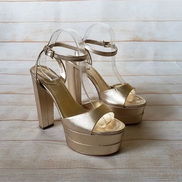 Schutz Kaila Metallic Gold Leather Platform Heels Sandals Ankle Strap Size 10B