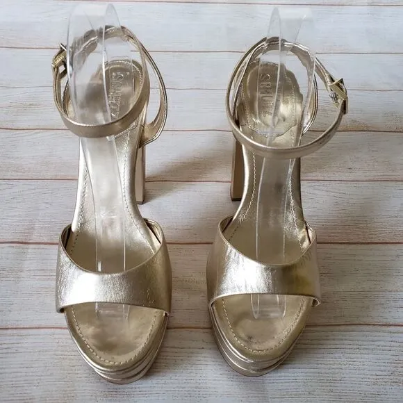 Schutz Kaila Metallic Gold Leather Platform Heels Sandals Ankle Strap Size 10B