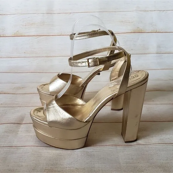 Schutz Kaila Metallic Gold Leather Platform Heels Sandals Ankle Strap Size 10B