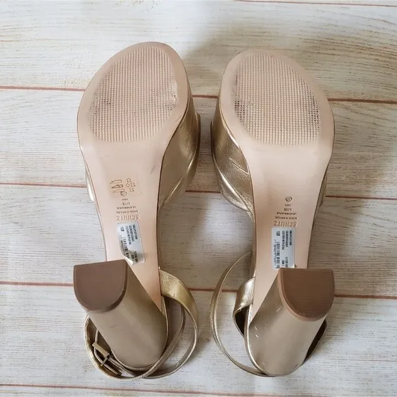 Schutz Kaila Metallic Gold Leather Platform Heels Sandals Ankle Strap Size 10B