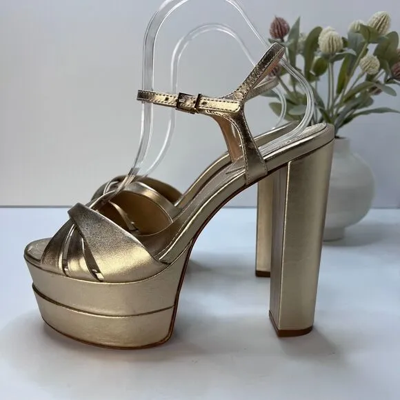 Schutz Keefa Metallic Leather Platform Sandals Gold Women's 9.5 B Chunky Heel