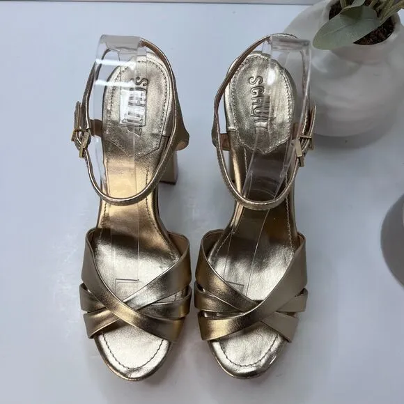 Schutz Keefa Metallic Leather Platform Sandals Gold Women's 9.5 B Chunky Heel