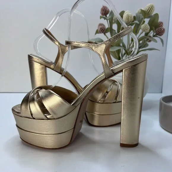 Schutz Keefa Metallic Leather Platform Sandals Gold Women's 9.5 B Chunky Heel