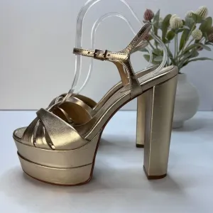 Schutz Keefa Metallic Leather Platform Sandals Gold Women's 9.5 B Chunky Heel