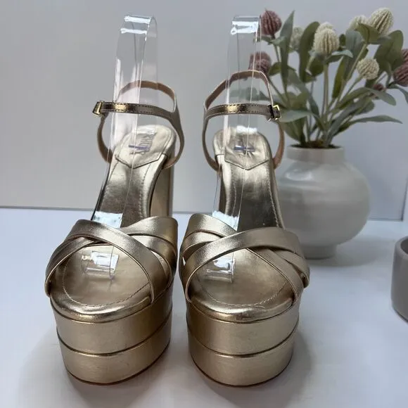 Schutz Keefa Metallic Leather Platform Sandals Gold Women's 9.5 B Chunky Heel