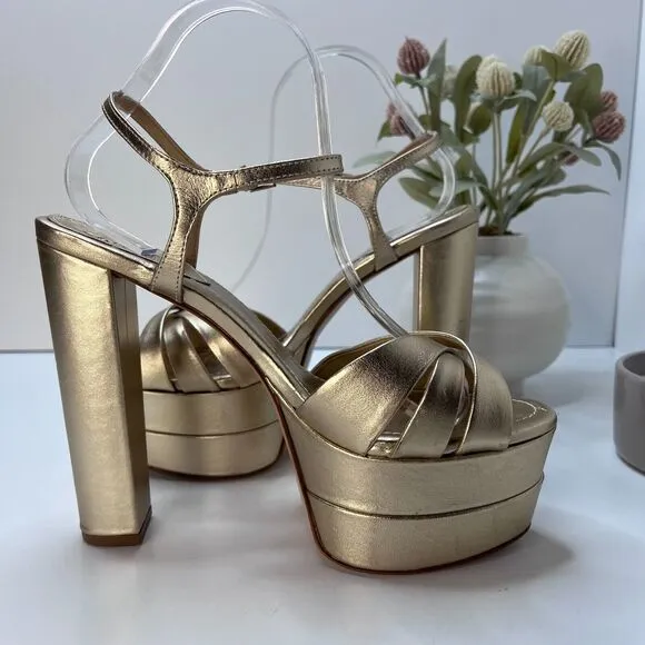 Schutz Keefa Metallic Leather Platform Sandals Gold Women's 9.5 B Chunky Heel
