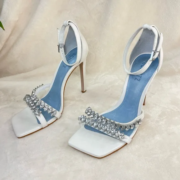 SCHUTZ Linsey Nappa Leather Sandal White Heel‎ Sandals 8.5, G 109