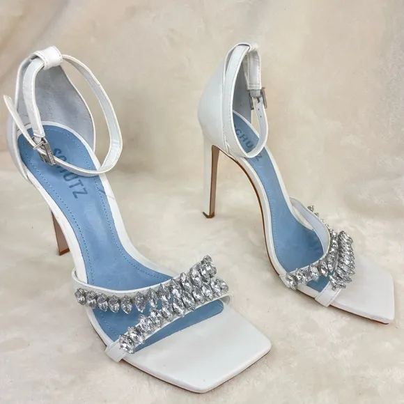 SCHUTZ Linsey Nappa Leather Sandal White Heel‎ Sandals 8.5, G 109