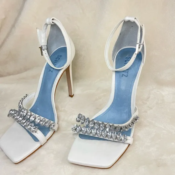 SCHUTZ Linsey Nappa Leather Sandal White Heel‎ Sandals 8.5, G 109