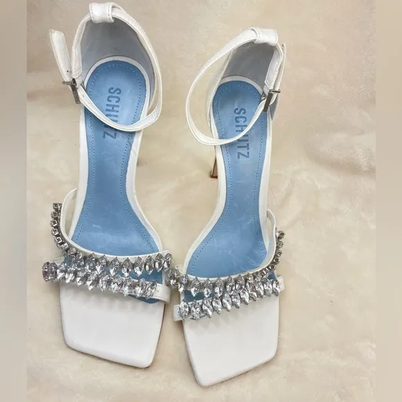 SCHUTZ Linsey Nappa Leather Sandal White Heel‎ Sandals 8.5, G 109