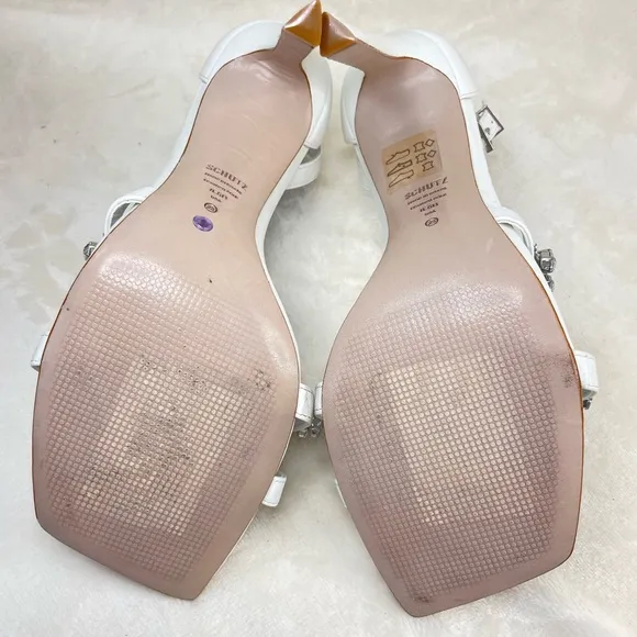 SCHUTZ Linsey Nappa Leather Sandal White Heel‎ Sandals 8.5, G 109