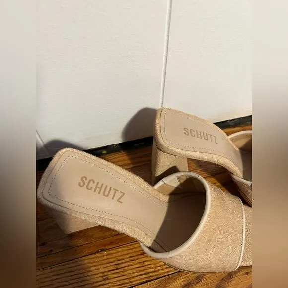Schutz NWT Lizah Wild Welt calf hair chunky heel square toe heeled sandals
