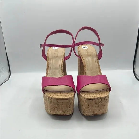 SCHUTZ Sz 9 1/2 GLAYCE NAPPA LEATHER SANDAL Pink Tan Platform Chunky Heel NEW