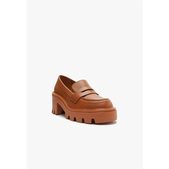 Schutz Women’s 90s Viola Tractor Leather Chunky Lug Sole Flat in Tan Rust Honey