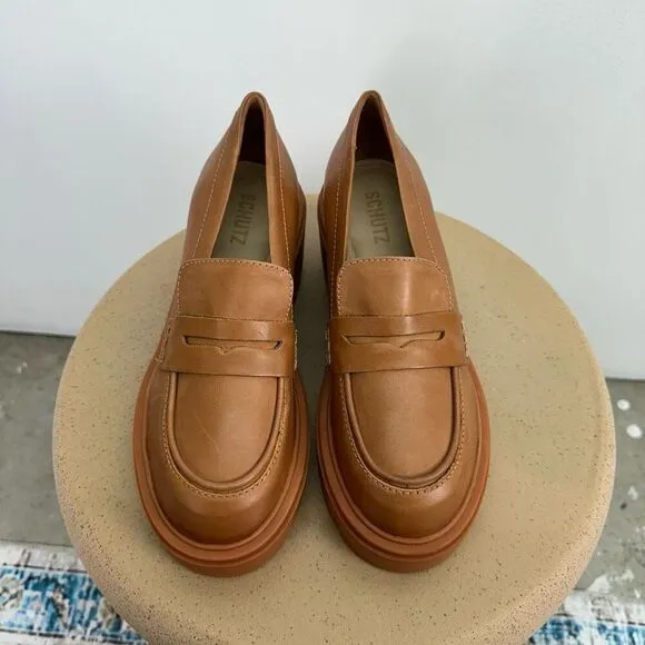 Schutz Women’s 90s Viola Tractor Leather Chunky Lug Sole Flat in Tan Rust Honey