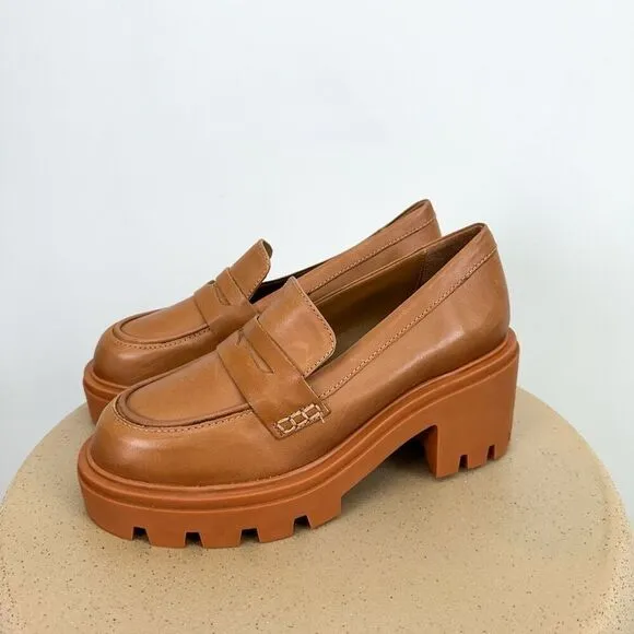 Schutz Women’s 90s Viola Tractor Leather Chunky Lug Sole Flat in Tan Rust Honey